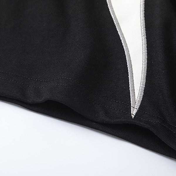 Color Block Applique Embroidery Flame Short Sleeve T-Shirt High Street Design Creative Abstract Casual Tee Men