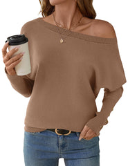 Women's Off The Shoulder Sweater - Oversized Knit Batwing Sleeve Pullover