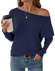 Women's Off The Shoulder Sweater - Oversized Knit Batwing Sleeve Pullover