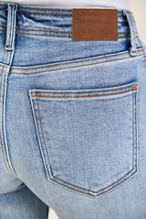 Judy Blue Mid Rise Light Wash Ankle Wide Leg Jeans with Hollywood Waistband & Fray Hem