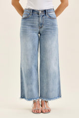 Judy Blue Mid Rise Light Wash Ankle Wide Leg Jeans with Hollywood Waistband & Fray Hem