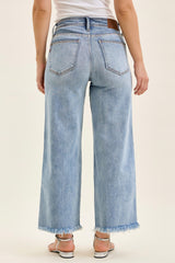 Judy Blue Mid Rise Light Wash Ankle Wide Leg Jeans with Hollywood Waistband & Fray Hem