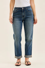 Judy Blue Mid Rise Dark Wash Boyfriend with Adjustable Back Tab + Hollywood WaistBand Jeans - Inseam 28