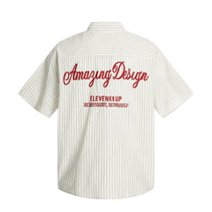 American Style Trendy Vertical Striped Embroidered Letter Short Sleeve Shirt Men's Loose Design Pockets Turn-Down Collar Shirt Summer