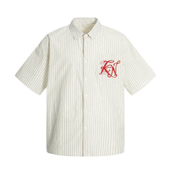 American Style Trendy Vertical Striped Embroidered Letter Short Sleeve Shirt Men's Loose Design Pockets Turn-Down Collar Shirt Summer