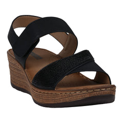 Women's Lux Black Embellished Velcro Wedge Sandals