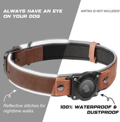 Leather AirTag Dog Collar, Water-Resistant, Reflective, Adjustable, Built-In AirTag Holder
