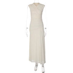 French V neck Solid Color Maxi Dress Summer Waist Slimming Draping Effect Maxi Dress