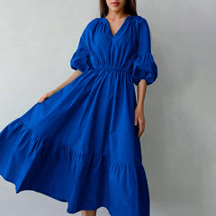Summer Office Klein Blue Puff Sleeve High Waist A- line Dress Fashionable Simple Women Dress