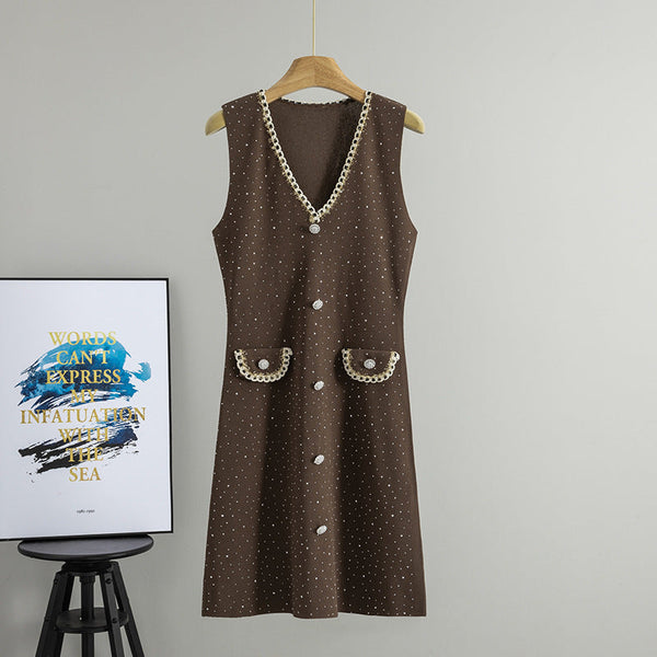 Spring Autumn Sleeveless Vest Waist Dress Figure Flattering Outerwear Mid Length Dress Women