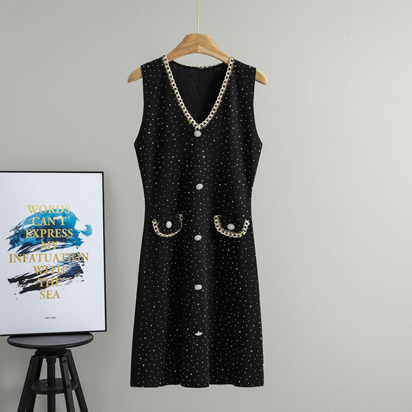 Spring Autumn Sleeveless Vest Waist Dress Figure Flattering Outerwear Mid Length Dress Women