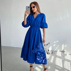 Summer Office Klein Blue Puff Sleeve High Waist A- line Dress Fashionable Simple Women Dress