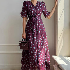 Print French Dress Women V neck Short Sleeve Single Breasted Dress