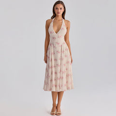 Summer French Elegant Printed V neck Halter Backless Gauzy Stitching Dress