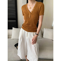 Smart Blogger Linen Half Button V neck Slim Slimming Hollow Out Cutout Short Sleeve Sweater