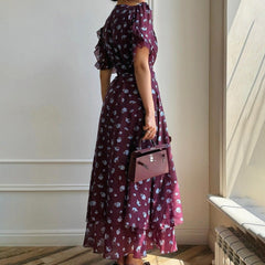 Print French Dress Women V neck Short Sleeve Single Breasted Dress