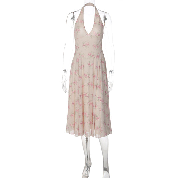 Summer French Elegant Printed V neck Halter Backless Gauzy Stitching Dress