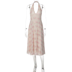Summer French Elegant Printed V neck Halter Backless Gauzy Stitching Dress