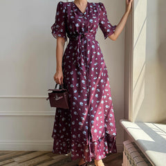 Print French Dress Women V neck Short Sleeve Single Breasted Dress