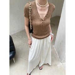 Smart Blogger Linen Half Button V neck Slim Slimming Hollow Out Cutout Short Sleeve Sweater