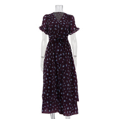Print French Dress Women V neck Short Sleeve Single Breasted Dress