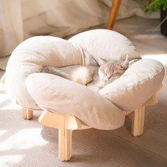 Wooden Cat & Puppies Elevated Pet Bed with Cushion – Modern Raised Pet Sofa