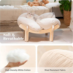 Wooden Cat & Puppies Elevated Pet Bed with Cushion – Modern Raised Pet Sofa
