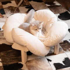 Wooden Cat & Puppies Elevated Pet Bed with Cushion – Modern Raised Pet Sofa