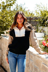 Black Color Block Half Zip Sweater