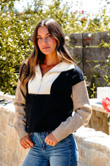 Black Color Block Half Zip Sweater