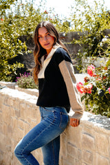 Black Color Block Half Zip Sweater