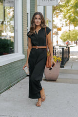 Black Short Sleeve Belted Jumpsuit - DOORBUSTER