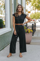 Black Short Sleeve Belted Jumpsuit - DOORBUSTER