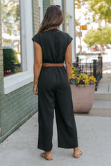 Black Short Sleeve Belted Jumpsuit - DOORBUSTER
