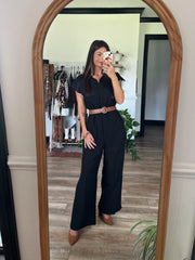 Black Short Sleeve Belted Jumpsuit - DOORBUSTER