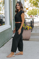 Black Short Sleeve Belted Jumpsuit - DOORBUSTER