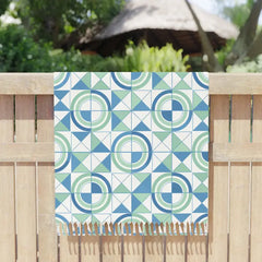 Boho Geometric Beach Towel - Blue Green Circular Fringe - DipaliZ