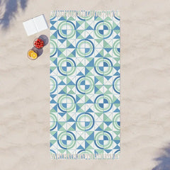 Boho Geometric Beach Towel - Blue Green Circular Fringe - DipaliZ
